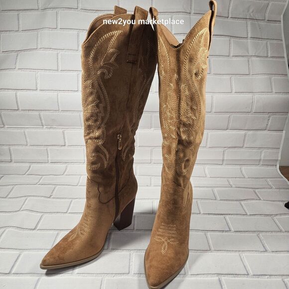 Women's Faux Suede Embroidered Knee High Cowboy Boots Size 8 Light Brown - New* - Picture 8 of 16